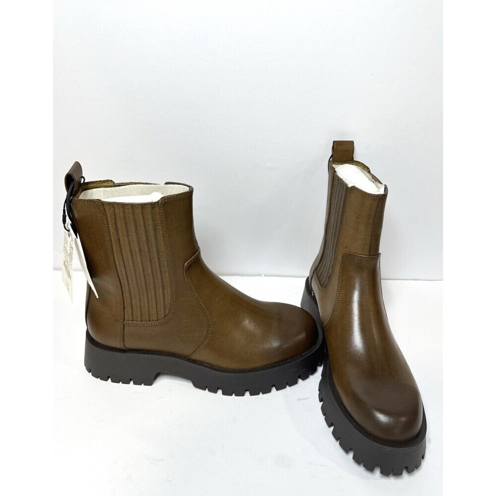 ZARA Chunky Chelsea Boots Brown Faux Leather Lug Sole Women’s US 7.5 /EU 38 New - Picture 3 of 8